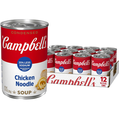 Cans of Campbell's Homestyle Chicken Noodle Soup, 10.5 oz, pack of 12, with label showing chicken, noodles, and vegetables