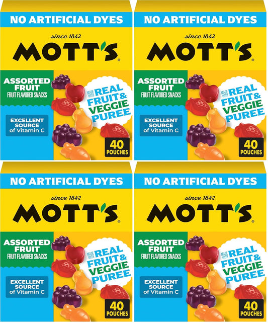 Mott's assorted fruit flavored snacks made with real fruit puree in a 66-count package, colorful fruit snack shapes.