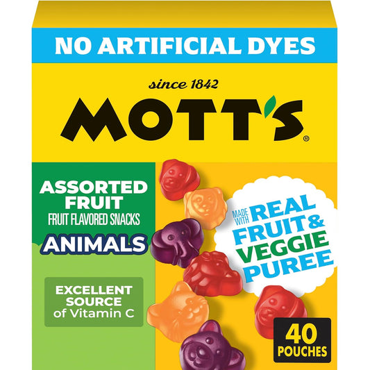 Mott's assorted animal-shaped fruit snacks with real fruit puree in a 40-count box, colorful and chewy fruit-flavored treats.