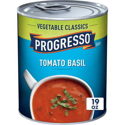 Canned Progresso Traditional Chicken Noodle Soup, 19 oz, four-pack, featuring a bowl of chicken noodle soup with noodles and vegetables