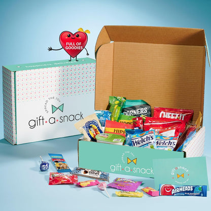 Nut Cravings gift box with healthy snack variety pack and 60-count greeting card, featuring assorted nutritious snacks in a colorful box.