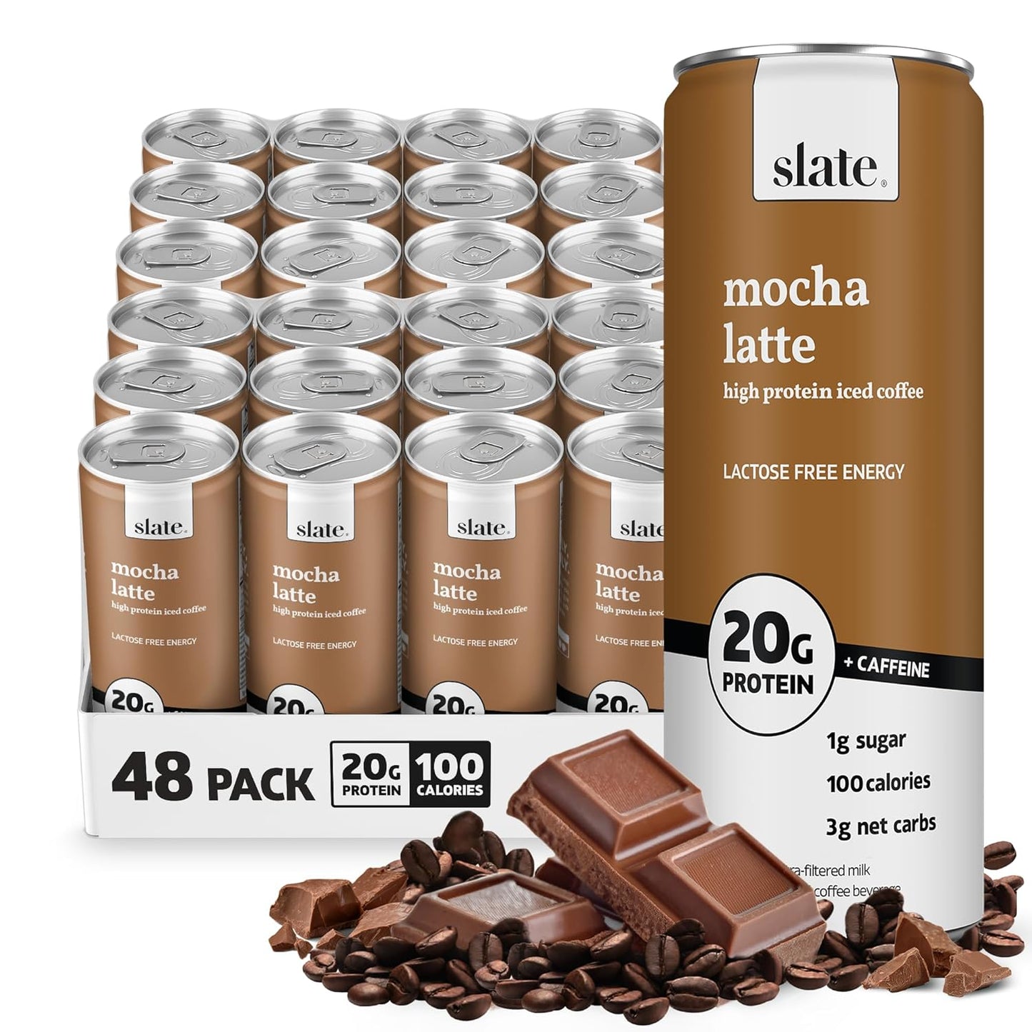 Slate Milk high protein milk shakes and iced coffees in classic chocolate, mocha latte, vanilla latte, and French vanilla flavors.