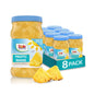Cans of Dole sliced peaches in syrup, 23.5 oz jars, arranged in an 8-pack, showcasing fresh peach slices in syrup.
