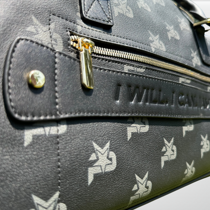 Black leather I AM monogram training duffel bag by iReliev, featuring luxury fitness style with sturdy handles and spacious interior.
