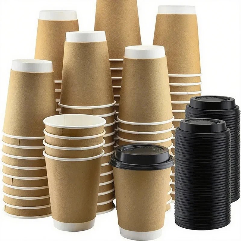 8/10/12/16oz Disposable Kraft Paper Coffee Cup With Lid Hot Cold Beverage Party Accessorie Insulation Takeaway Double - Layer - BACKUPMYFILESNOW