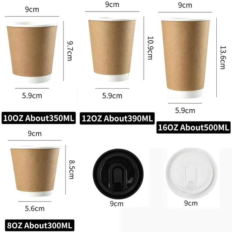 8/10/12/16oz Disposable Kraft Paper Coffee Cup With Lid Hot Cold Beverage Party Accessorie Insulation Takeaway Double - Layer - BACKUPMYFILESNOW