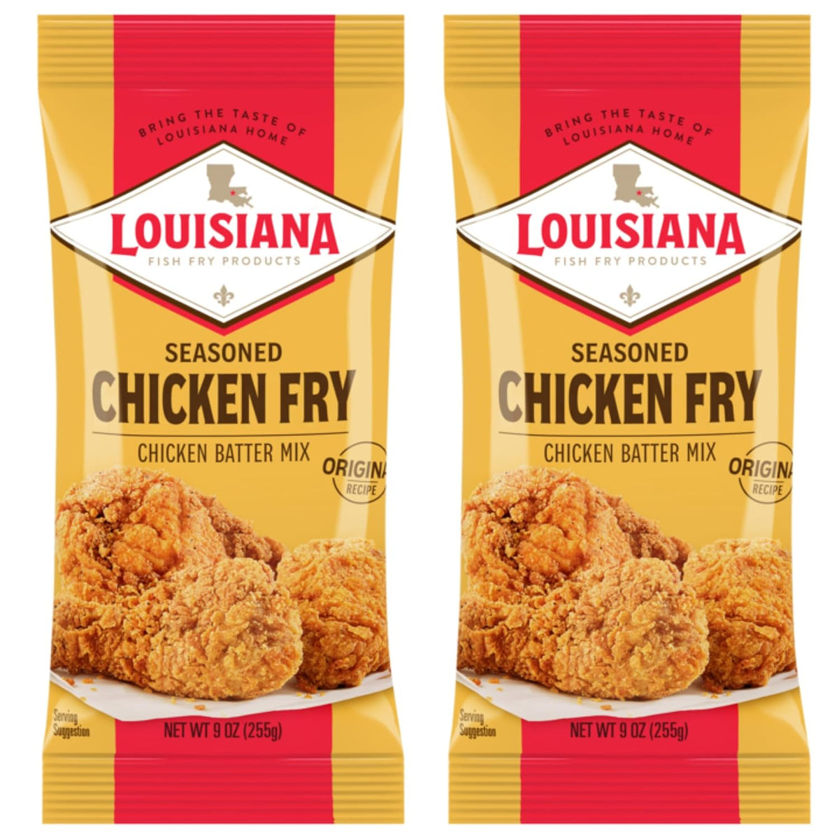 Louisiana Fish Fry seasoned chicken fry mix in 9 oz pack, two packs shown, with seasoned, crispy-looking fried chicken at center.