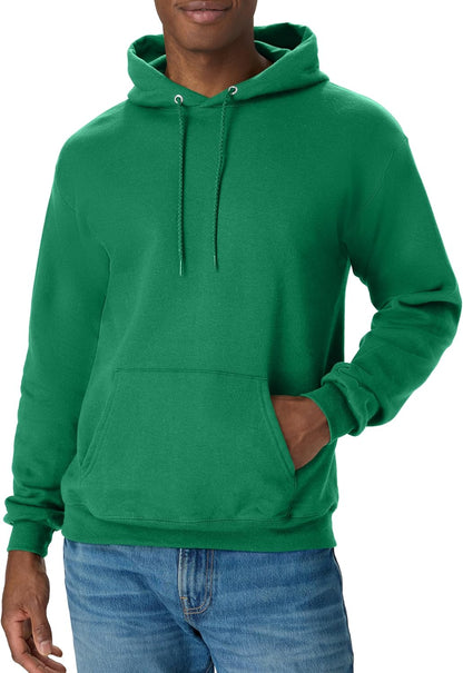 Hanes men's EcoSmart fleece hoodie with a drawstring hood, front pocket, and ribbed cuffs, available in big and tall sizes.
