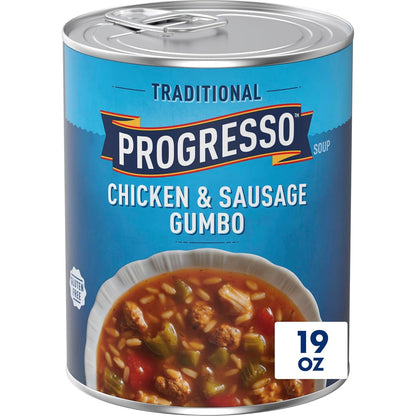 Cans of Progresso Traditional Chicken Noodle Soup, 19 oz each, in a 4-pack, showing the soup cans with label and lid.