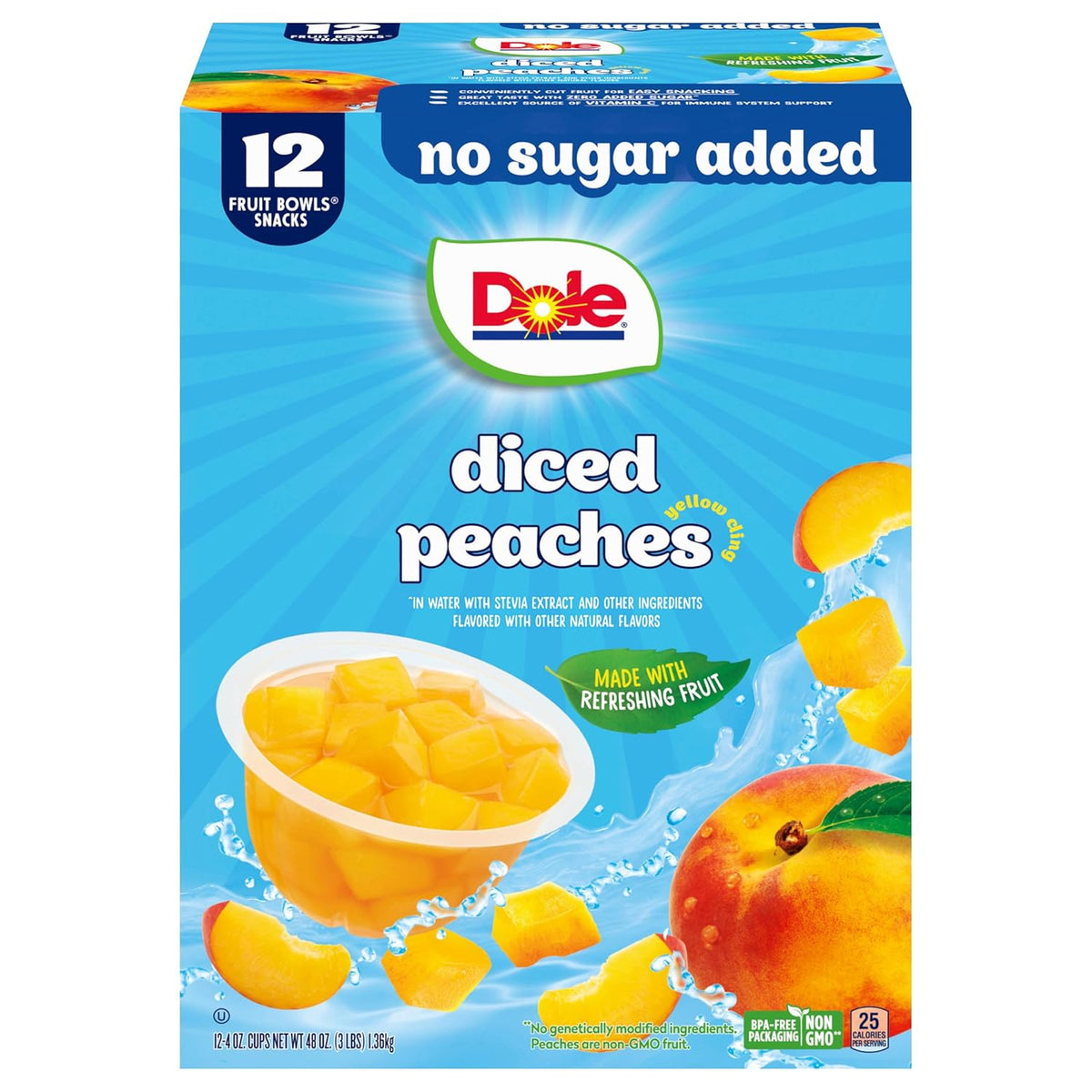 Dole diced peaches in fruit snack cups, 4 oz each, 12-pack, showing peaches in clear plastic cups with labels
