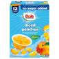Dole diced peaches in fruit snack cups, 4 oz each, 12-pack, showing peaches in clear plastic cups with labels