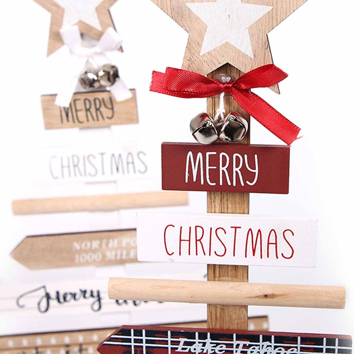 Christmas decorations with English letters displayed in festive designs