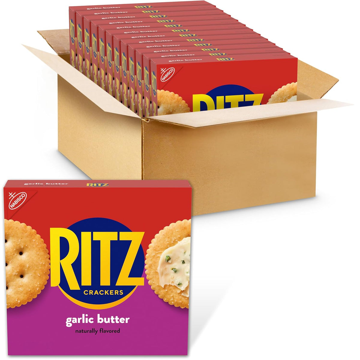 Ritz Fresh Stacks Original Crackers in party size with 16 snack packs, featuring rectangular snack crackers in a clear box.