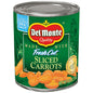 Canned Del Monte sliced carrots in 8.25 oz cans, shown in a pack of 12, with bright orange carrot slices in liquid.