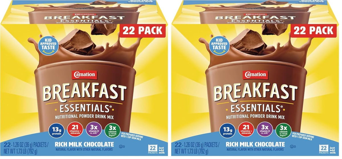 Carnation Breakfast Essentials Original Nutritional Powder Drink Mix in a canister, ready to make instant breakfast drinks.