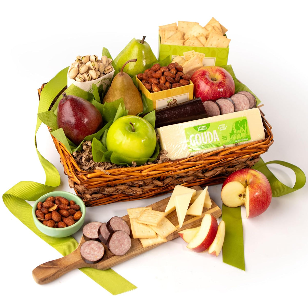 Gourmet gift basket by A Gift Inside with fresh fruit, nuts, meats, and cheeses, perfect for holidays, corporate gifts, and special occasions.