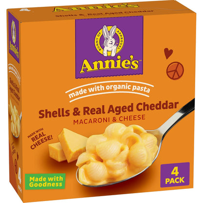 Annie's Homegrown organic shells and white cheddar mac and cheese pack with four 24 oz boxes, featuring the product packaging.