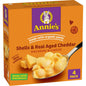 Annie's Homegrown organic shells and white cheddar mac and cheese pack with four 24 oz boxes, featuring the product packaging.