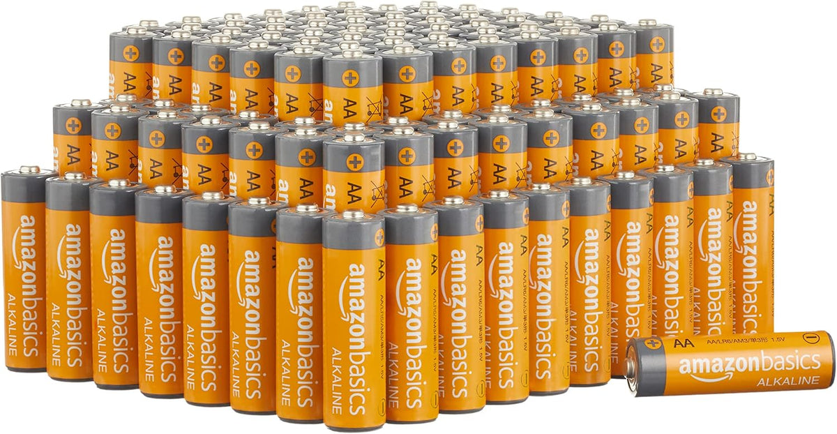 Amazon Basics 48-pack AA alkaline batteries with 1.5V, long-lasting performance, high shelf life, and leak resistance.