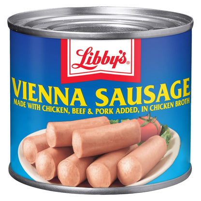 Canned Libby's Vienna Sausage in chicken broth, 4.6 oz cans, packed in a set of 24, with label showing sausages in broth