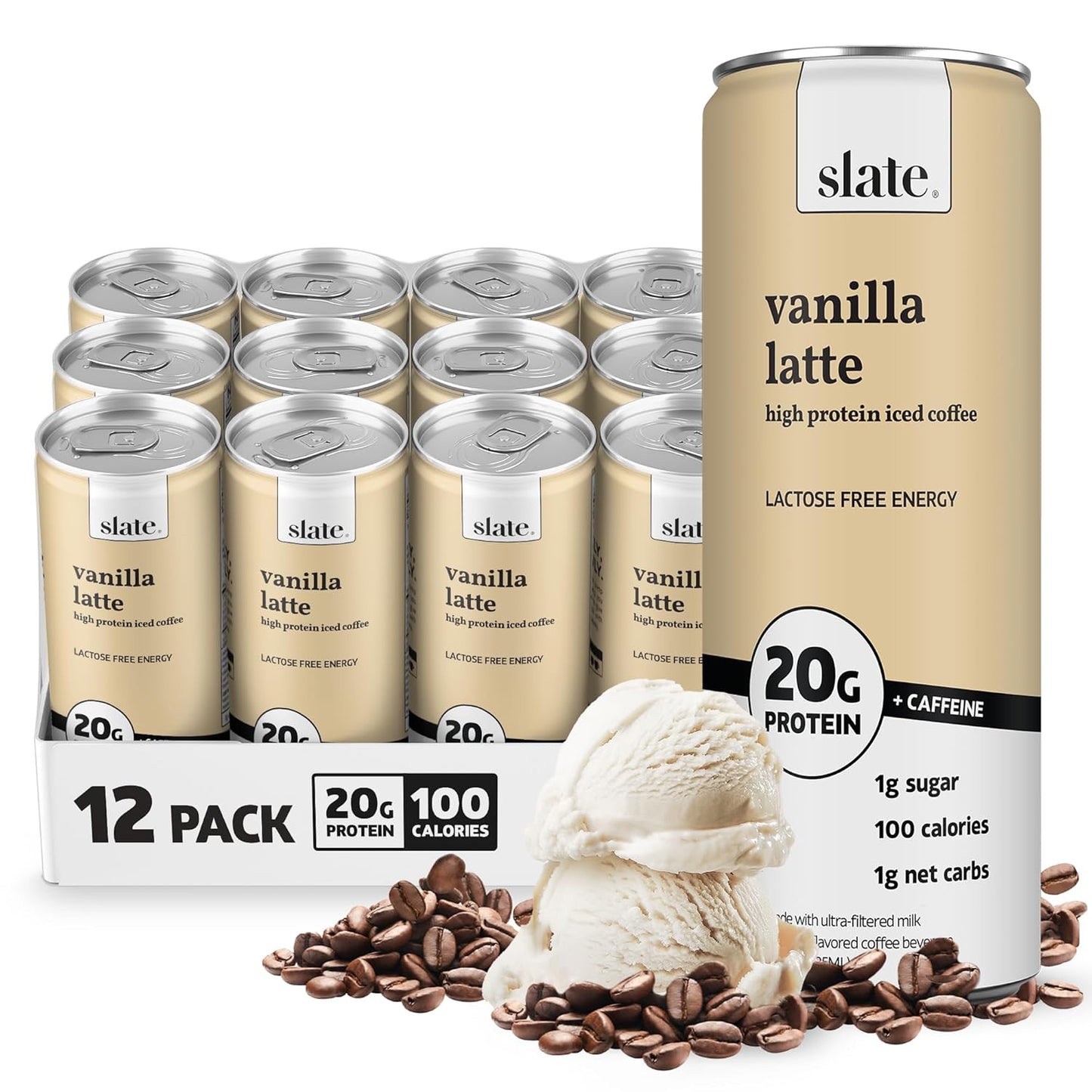 Slate Milk high protein milk shakes and iced coffees in classic chocolate, mocha latte, vanilla latte, and French vanilla flavors.