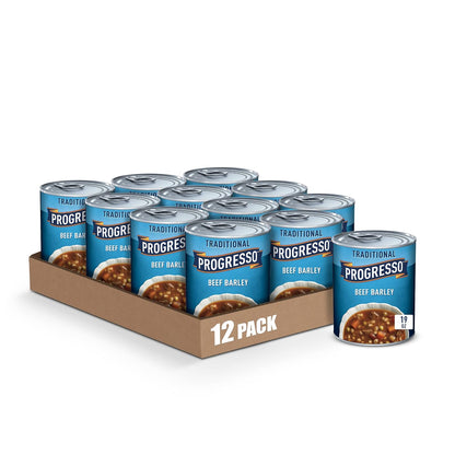 Canned Progresso Traditional Chicken Noodle Soup in 19 oz cans, 4-pack, featuring soup with shredded chicken and noodles
