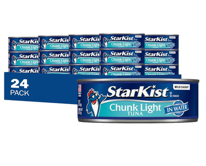 Eight 5oz cans of StarKist Chunk Light Tuna in Water for pantry storage, featuring the branded canned tuna product.