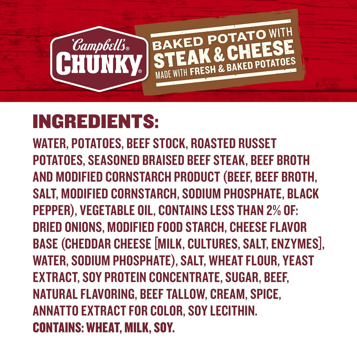 Campbell's Chunky Baked Potato with Steak & Cheese Soup in an 18.8 oz can, showing the packaged soup with branding.
