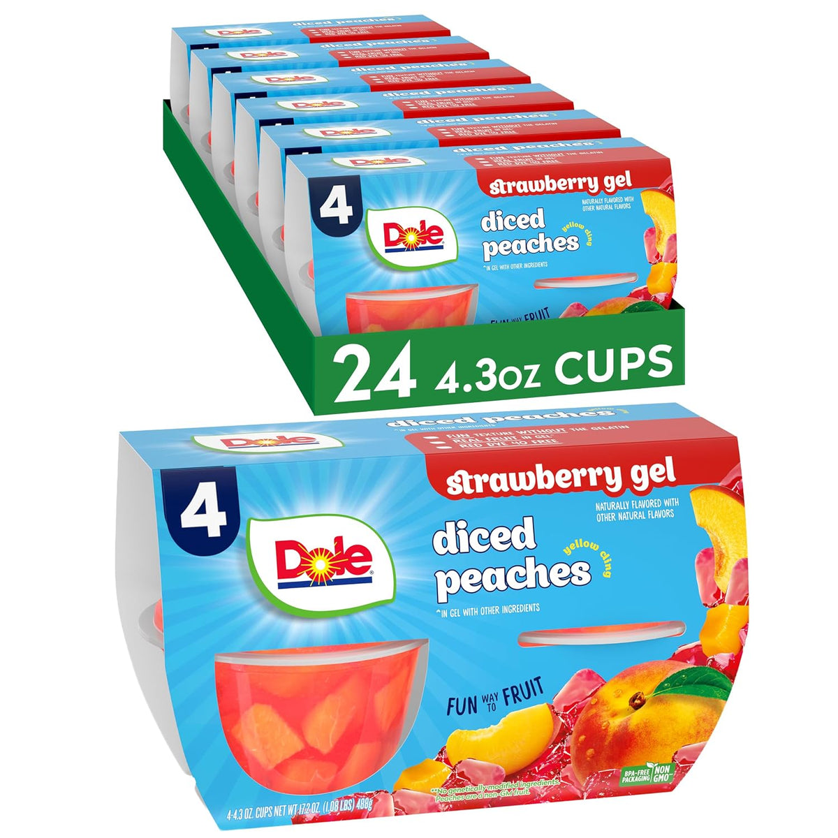 Dole Fruit Bowls Peaches in 4.3oz snack cups, showing fresh peach slices in clear plastic containers.
