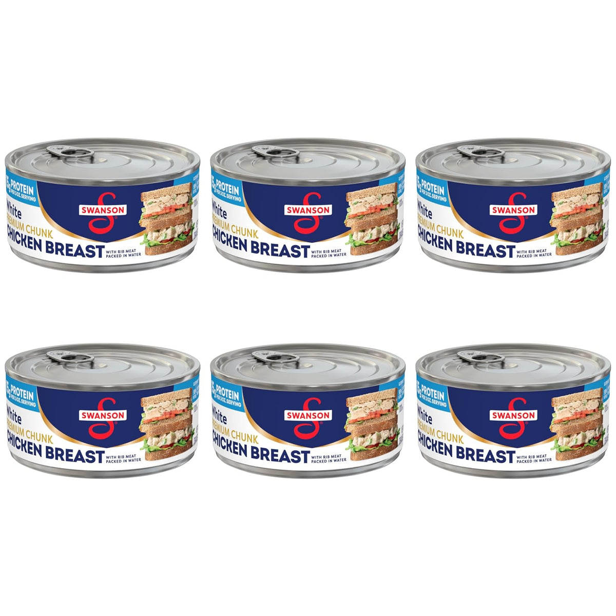 Canned Swanson White Premium Chunk Chicken in Water, 4 cans of 2.4 oz each, stacked with labels visible.