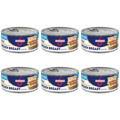 Canned Swanson White Premium Chunk Chicken in Water, 4 cans of 2.4 oz each, stacked with labels visible.