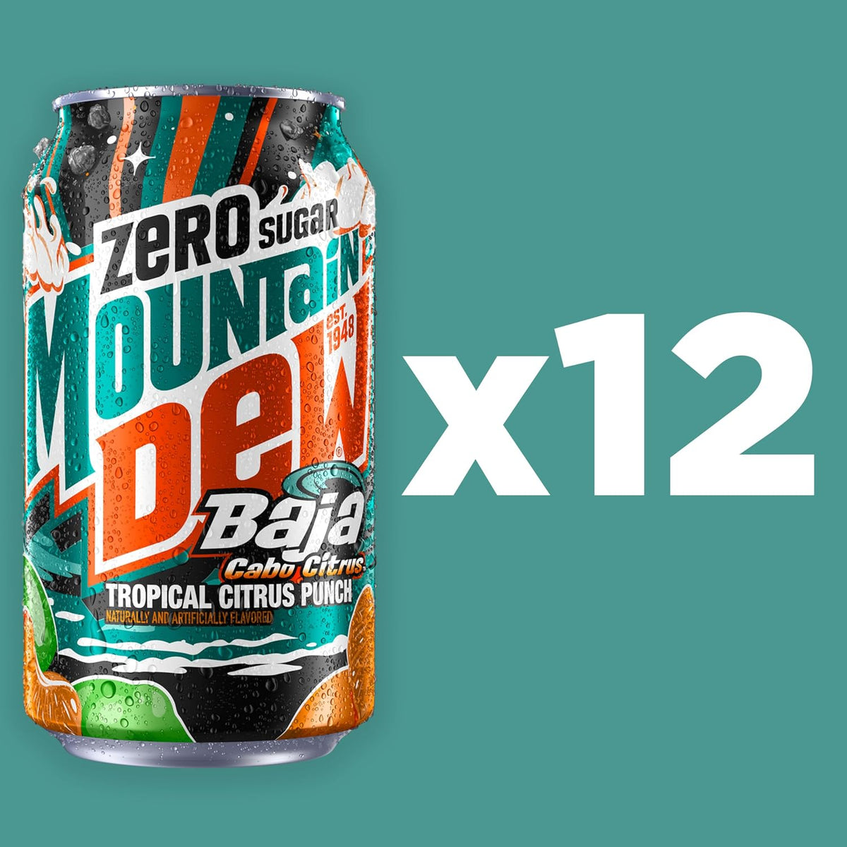Six Mountain Dew Baja Cabo Citrus Zero Sugar soda cans, 12 fl oz each, in a pack of 12, with colorful Baja Cabo branding.
