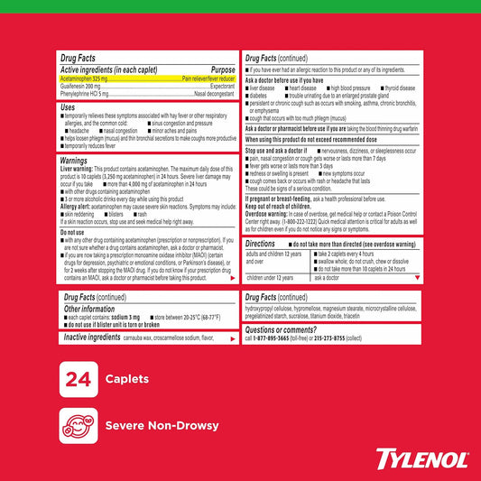 Tylenol Sinus Severe Daytime Cold & Flu relief caplets, 24 count, showing the medication packaging and caplets inside the box.