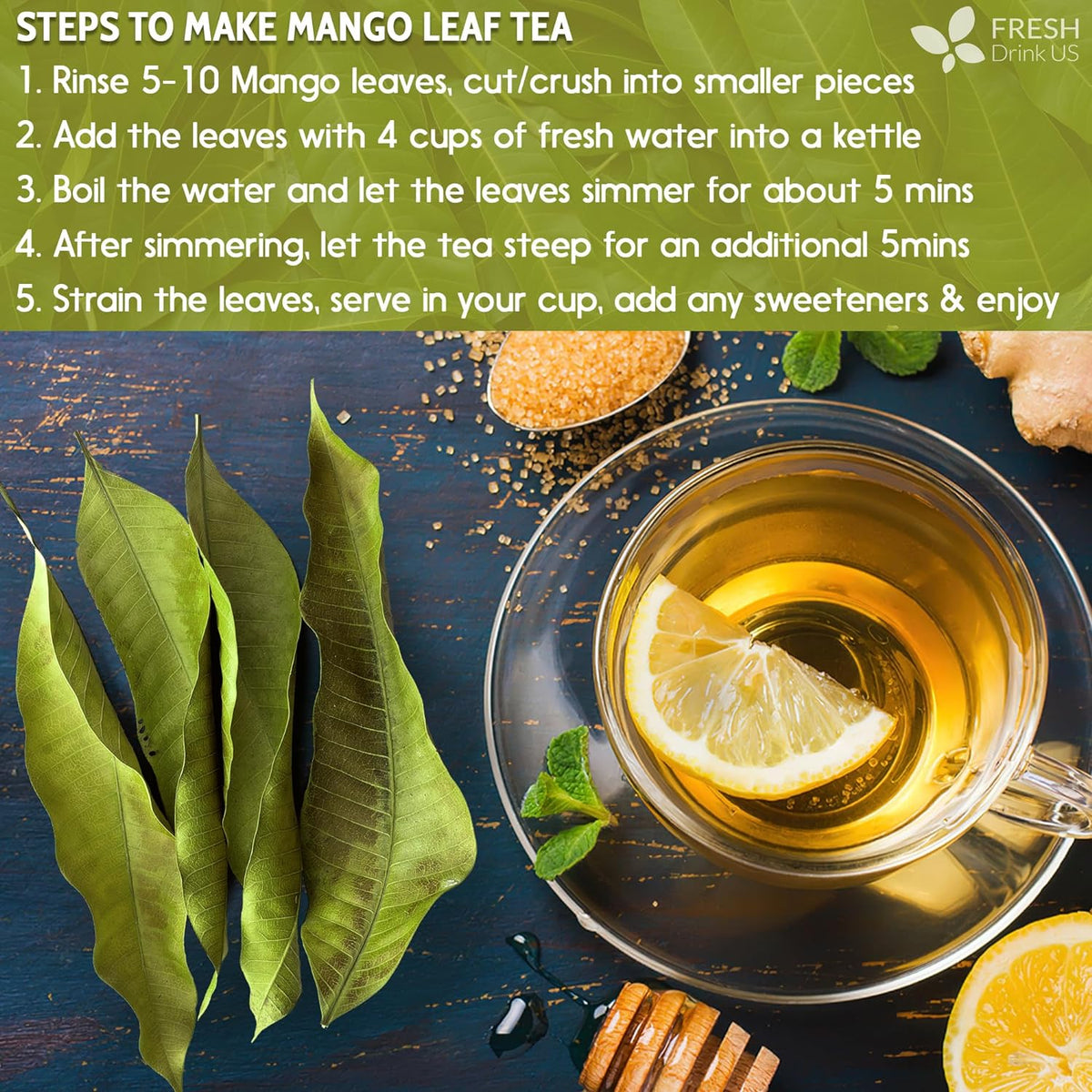 Whole dried mango leaves for herbal tea, natural, caffeine-free, vegan, loose leaf mango leaf tea from FreshDrinkUS.