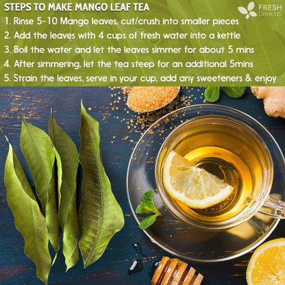 Whole dried mango leaves for herbal tea, natural, caffeine-free, vegan, loose leaf mango leaf tea from FreshDrinkUS.