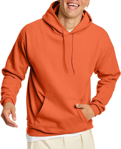 Hanes men's EcoSmart fleece hoodie with a drawstring hood, front pocket, in midweight fleece, available in big and tall sizes.