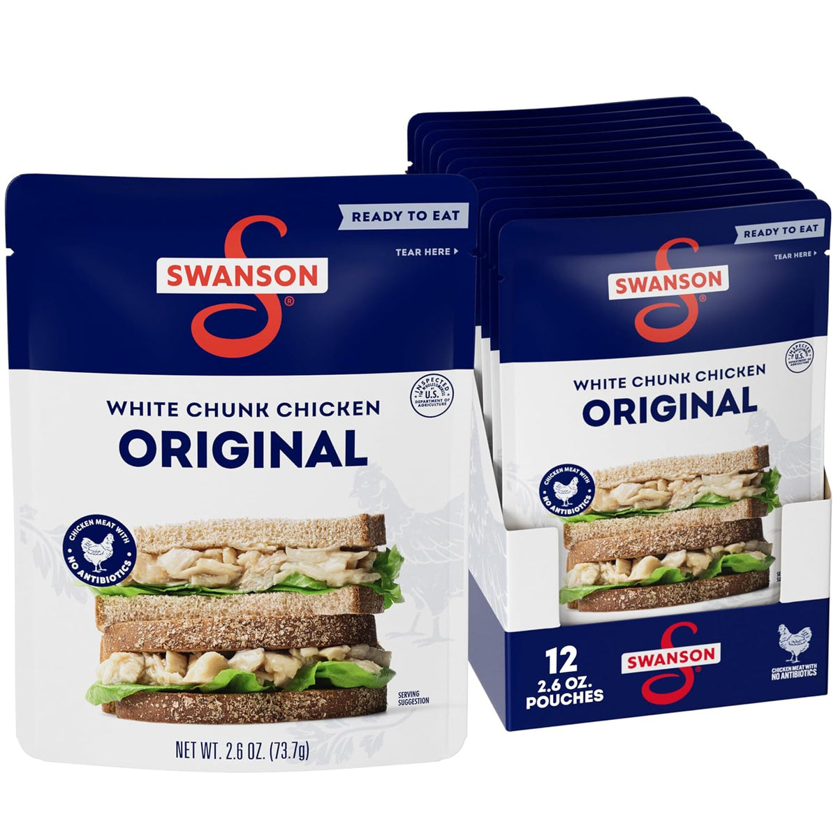 Swanson White Premium Chunk Canned Chicken in Water, 4 cans of 2.4 oz each, ready for cooking or meal prep.