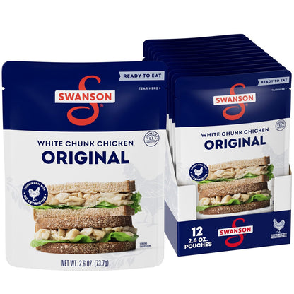Swanson White Premium Chunk Canned Chicken in Water, 4 cans of 2.4 oz each, ready for cooking or meal prep.