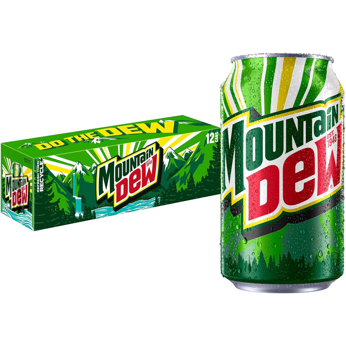 Twelve 12 Fl Oz cans of Mountain Dew soda soft drink with bright green and yellow branding on aluminum cans.