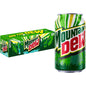 Twelve 12 Fl Oz cans of Mountain Dew soda soft drink with bright green and yellow branding on aluminum cans.