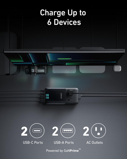 Anker Prime 6-in-1 140W charging station with multiple ports for fast device charging and cable management.