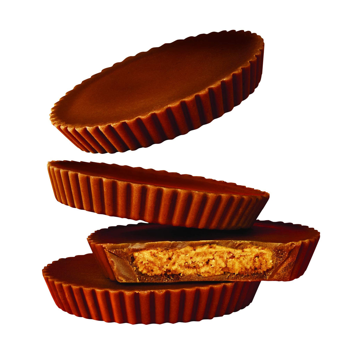 Reese's Peanut Butter Cup Thins Milk Chocolate in a pack, showcasing the thin chocolate and peanut butter filling inside.