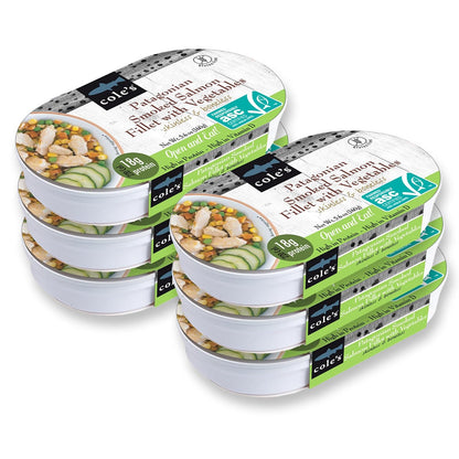 Cole’s Ready to Eat Meals variety pack with smoked salmon, trout, quinoa, and vegetables in five 5.6 oz cans, high protein seafood.