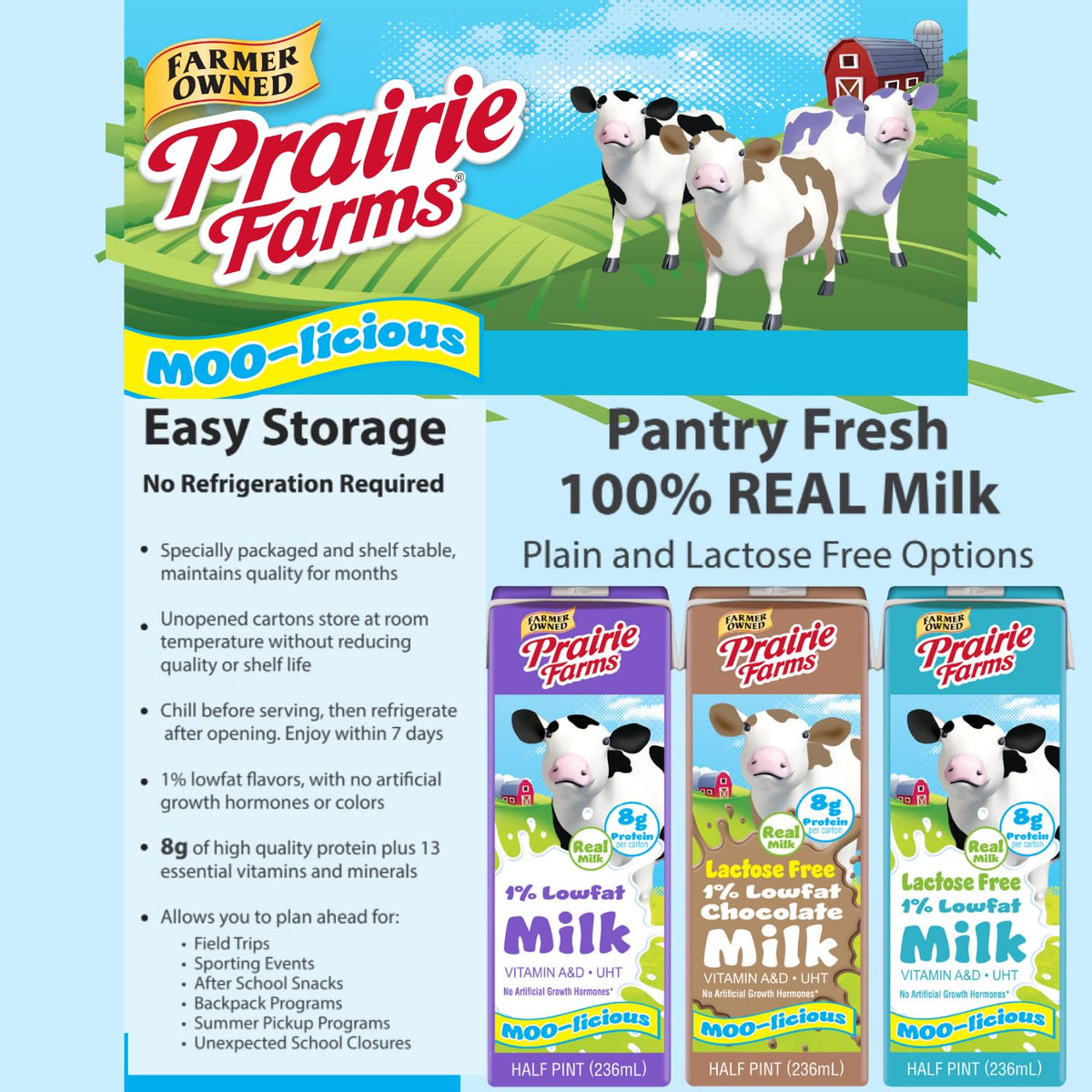 Prairie Farms 1% low fat shelf-stable milk box, ultra-pasteurized, Vitamin D, preservative and hormone free, 8 fl oz, 27 pack