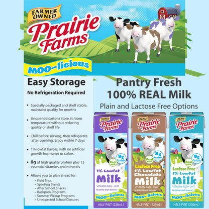 Prairie Farms 1% low fat shelf-stable milk box, ultra-pasteurized, Vitamin D, preservative and hormone free, 8 fl oz, 27 pack