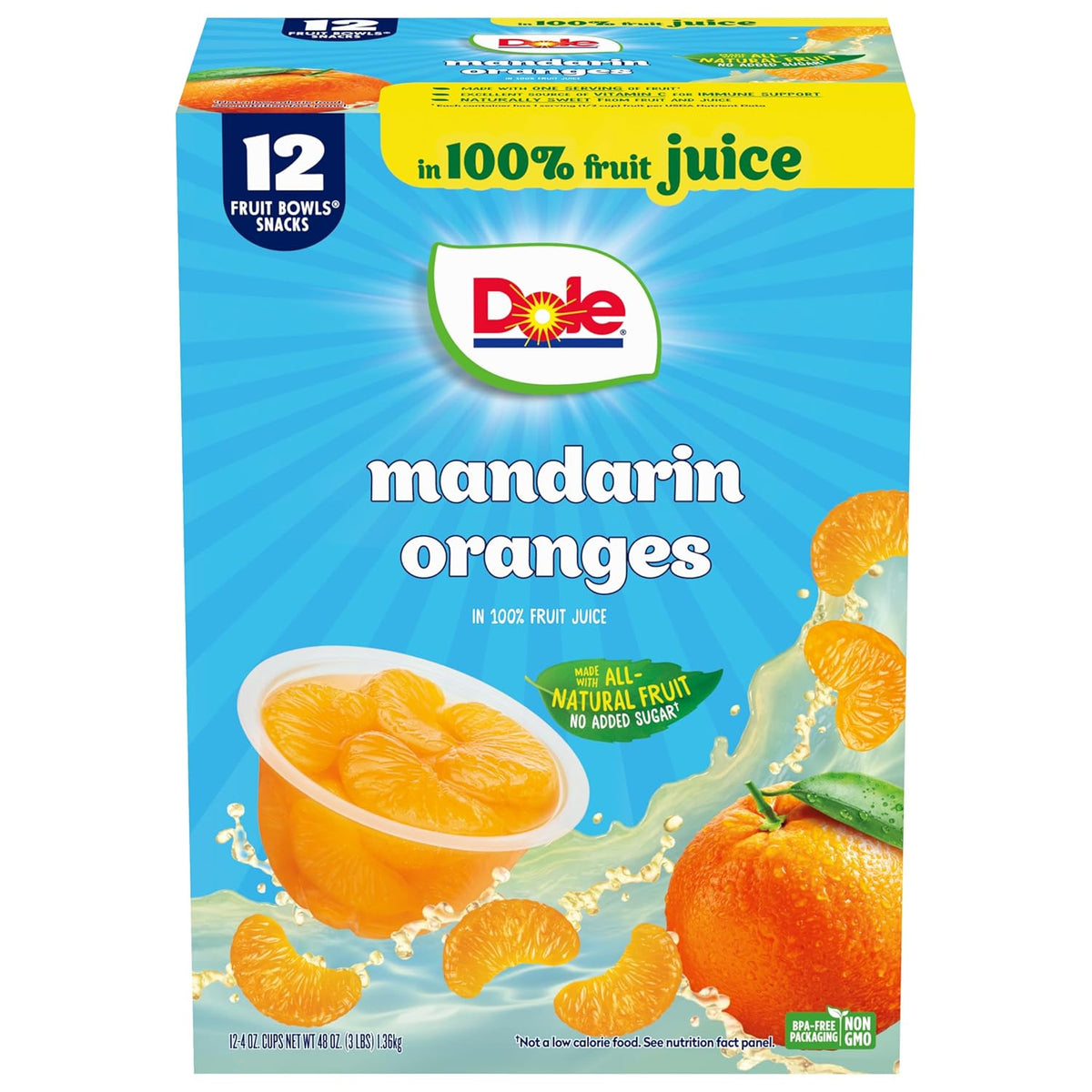 Canned Dole Mandarin Oranges in 4oz cups, bright orange fruit slices in syrup, arranged in a row.