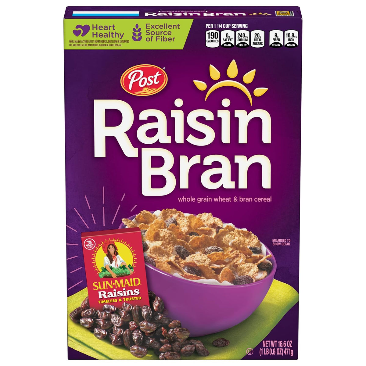 Post Raisin Bran cereal box with whole grain wheat, bran flakes, and raisins in a 16.6 oz box.