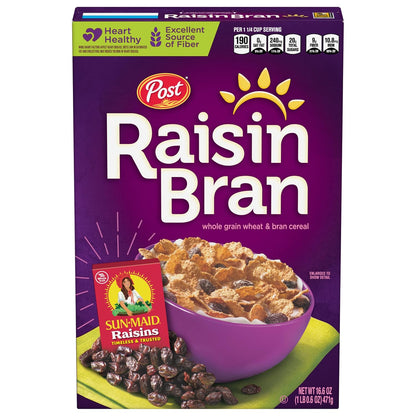 Post Raisin Bran cereal box with whole grain wheat, bran flakes, and raisins in a 16.6 oz box.