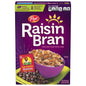 Post Raisin Bran cereal box with whole grain wheat, bran flakes, and raisins in a 16.6 oz box.