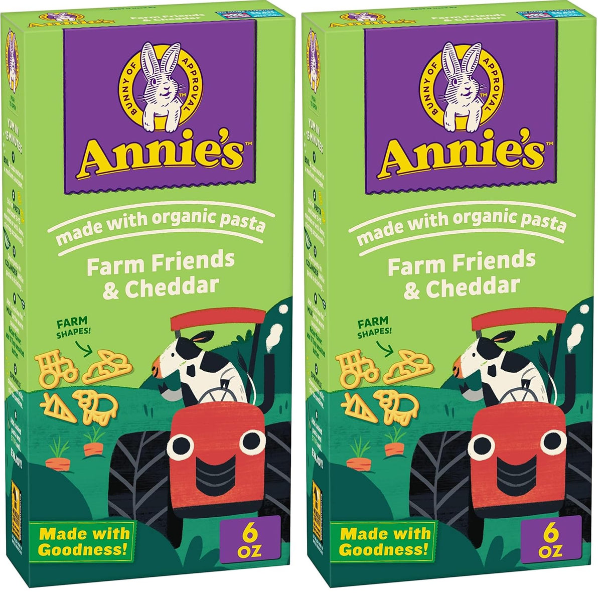 Annie's Homegrown organic mac and cheese pack with four shells and white cheddar cheese, 24 oz, in a bright package.